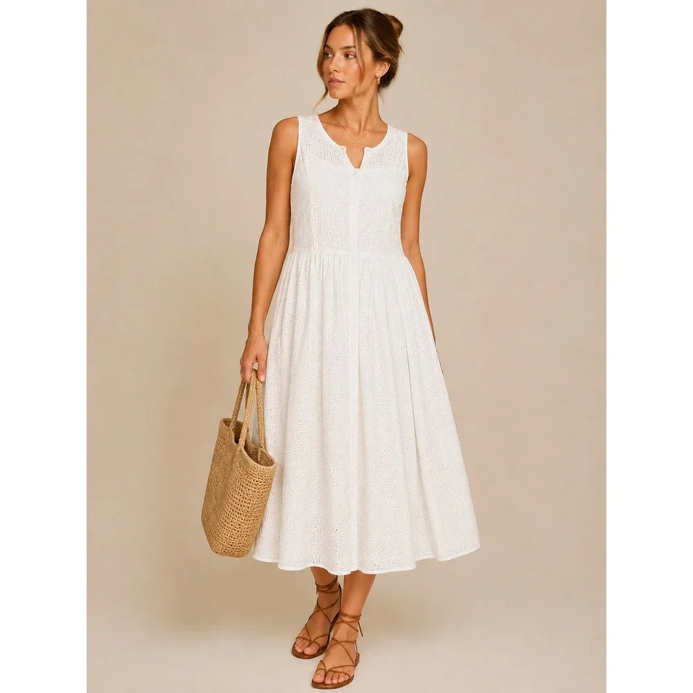 J Crew White Eyelet Cotton Sleeveless Button Front Midi Dress Cottagecore 10